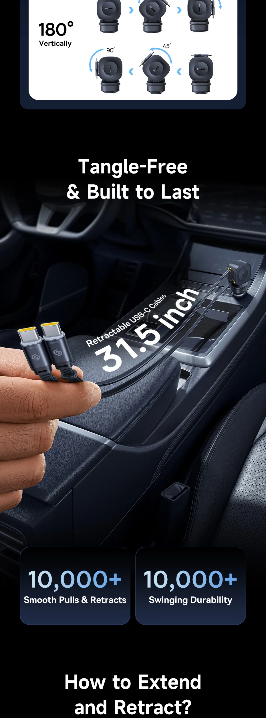 Baseus 100W Car Charger PD QC Fast Charging Dual Type-C Retractable Cable 4 ports 450°Rotation For Laptop Tablet iPhone Samsung