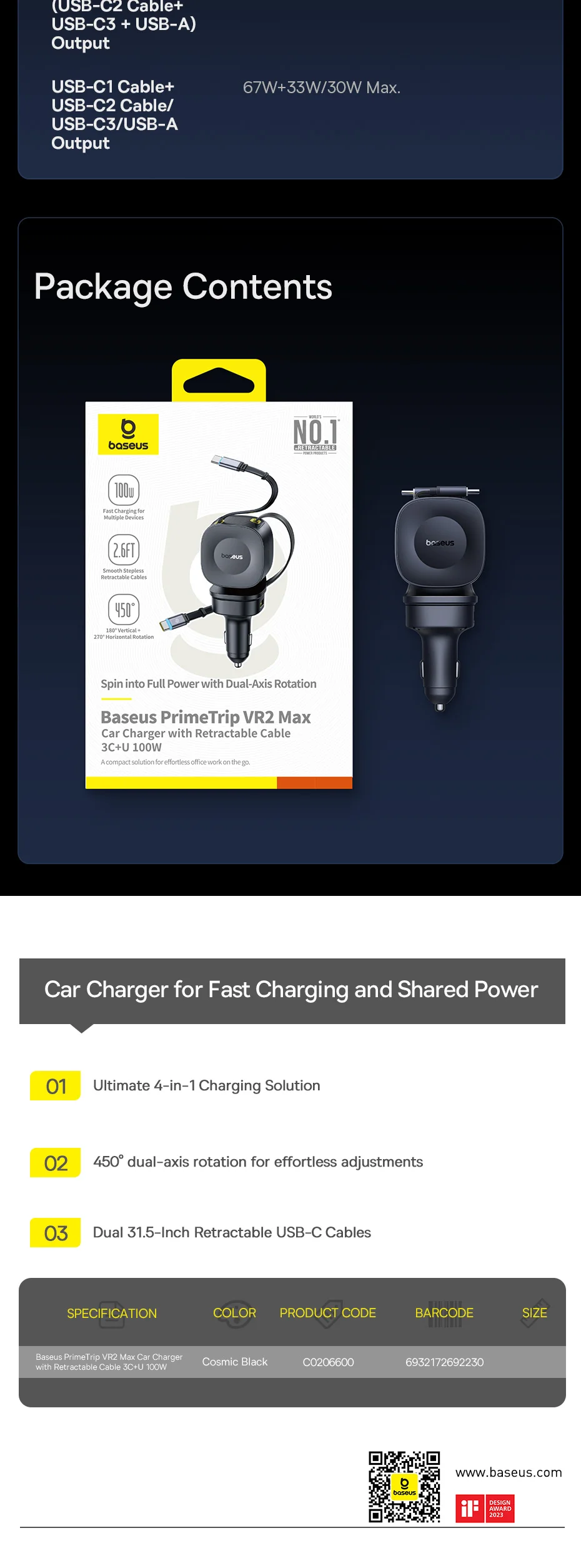 Baseus 100W Car Charger PD QC Fast Charging Dual Type-C Retractable Cable 4 ports 450°Rotation For Laptop Tablet iPhone Samsung