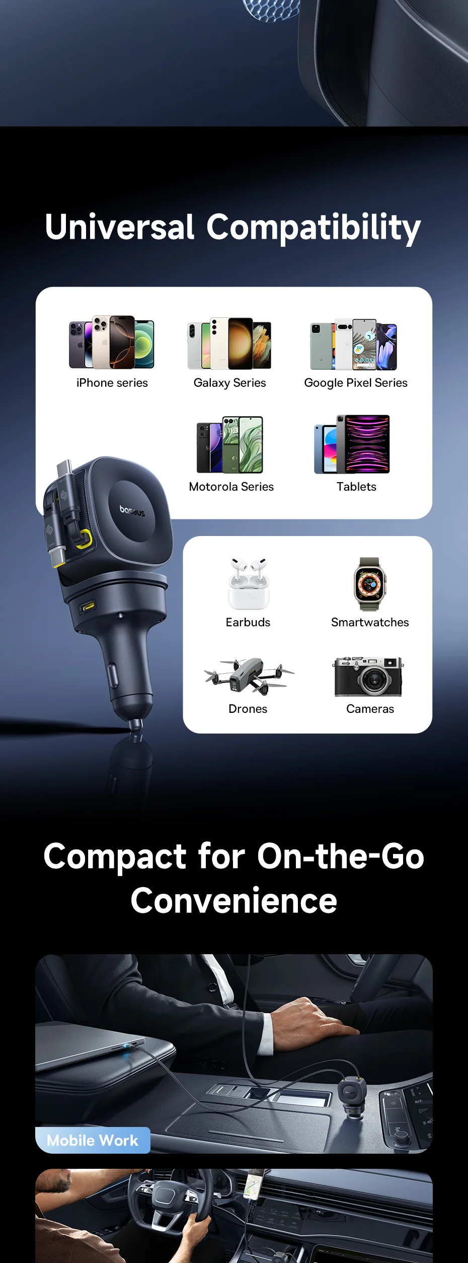 Baseus 100W Car Charger PD QC Fast Charging Dual Type-C Retractable Cable 4 ports 450°Rotation For Laptop Tablet iPhone Samsung