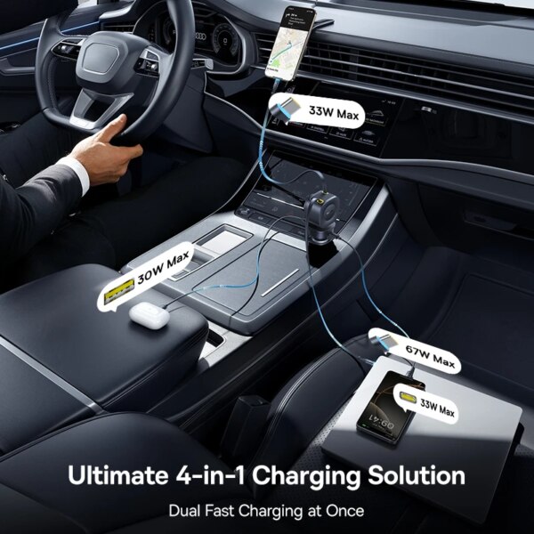 Baseus PrimeTrip VR2 Max 100W Car Charger PD QC 4-Port 450° Rotation with Dual Retractable Cables - Image 3