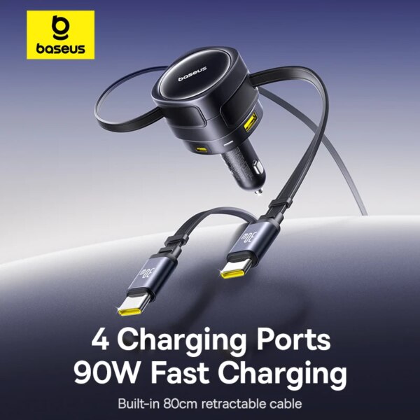 Baseus 90W USB-C Car Charger Dual Retractable Cable PD QC Fast Charging For iPhone Samsung Huawei Xiaomi - Image 2