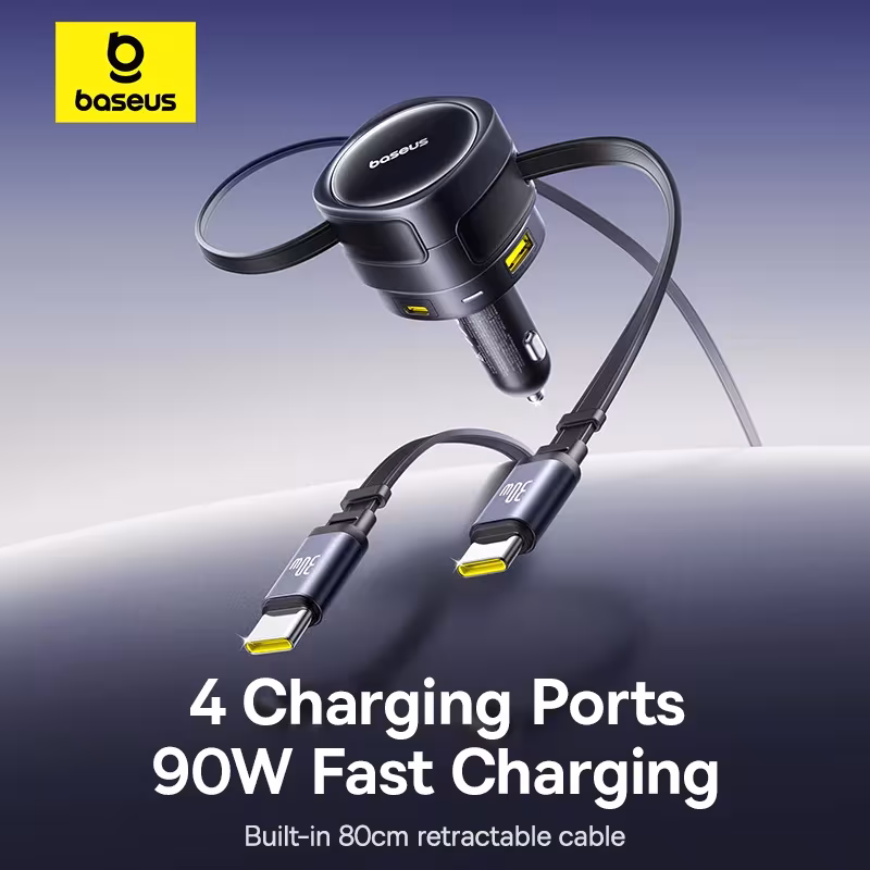 Baseus 90W USB-C Car Charger Dual Retractable Cable PD QC Fast Charging For iPhone Samsung Huawei Xiaomi Baseus 90W USB-C Car Charger Dual Retractable Cable PD QC Fast Charging For iPhone Samsung Huawei Xiaomi