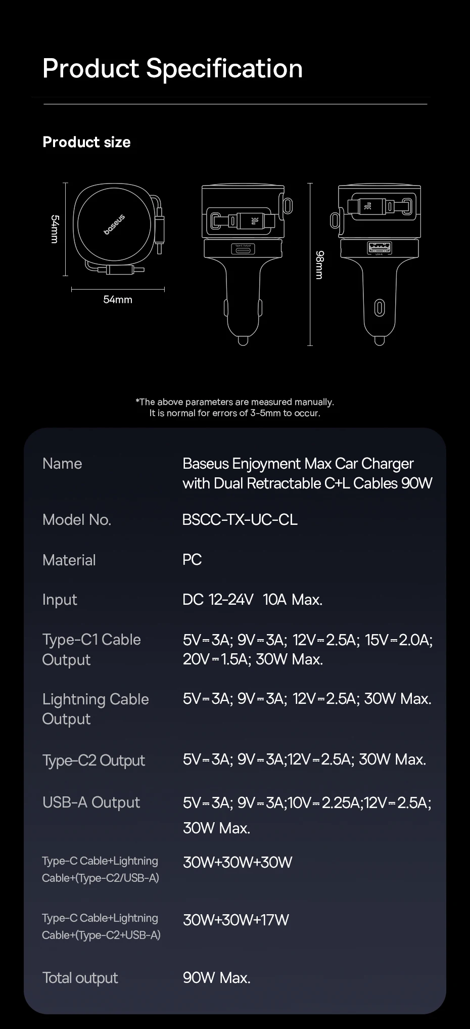 Baseus 90W USB Type-C Car Charger Dual Retractable Cable PD QC SCP AFC PPS Fast Charging For Tablet iPhone Samsung Huawei Xiaomi