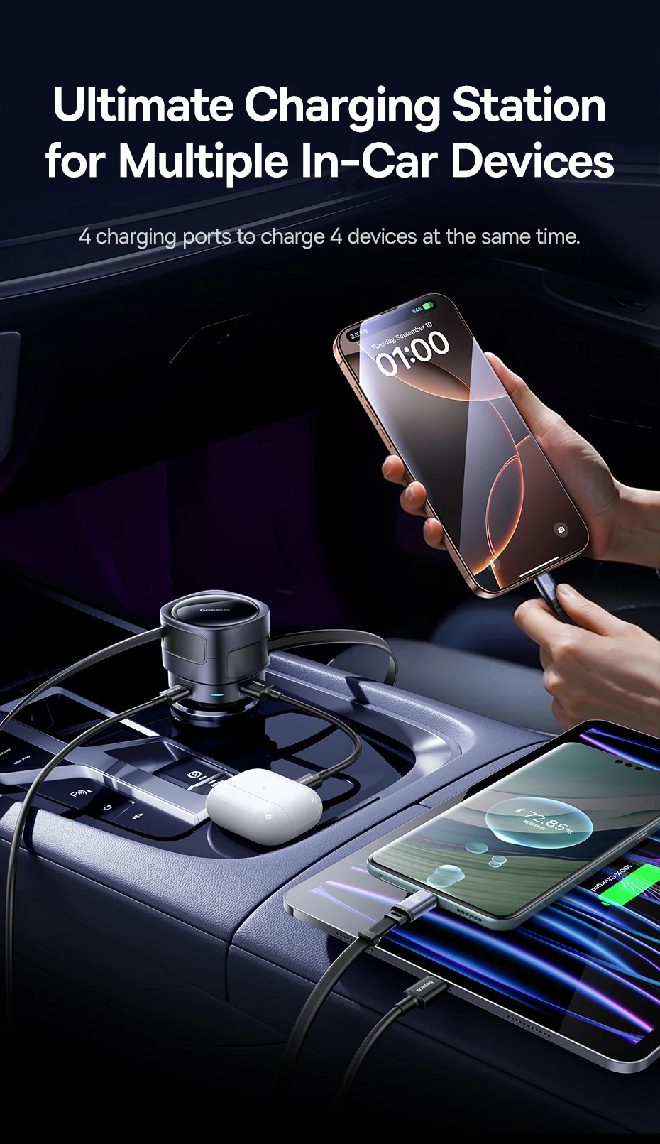 Baseus 90W USB Type-C Car Charger Dual Retractable Cable PD QC SCP AFC PPS Fast Charging For Tablet iPhone Samsung Huawei Xiaomi