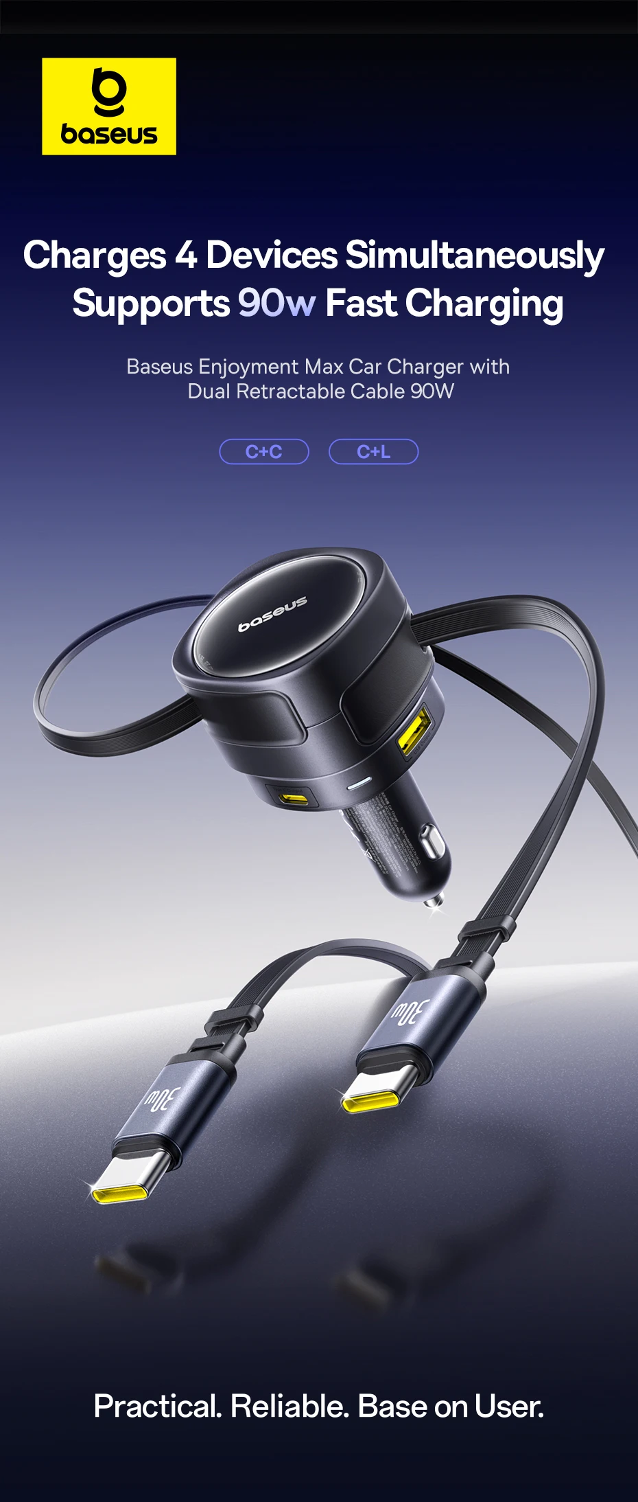 Baseus 90W USB Type-C Car Charger Dual Retractable Cable PD QC SCP AFC PPS Fast Charging For Tablet iPhone Samsung Huawei Xiaomi