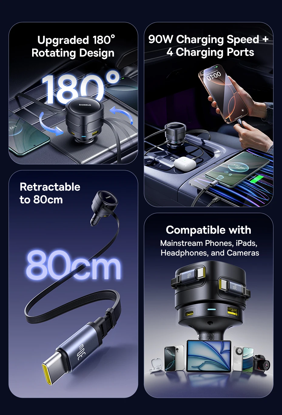 Baseus 90W USB Type-C Car Charger Dual Retractable Cable PD QC SCP AFC PPS Fast Charging For Tablet iPhone Samsung Huawei Xiaomi