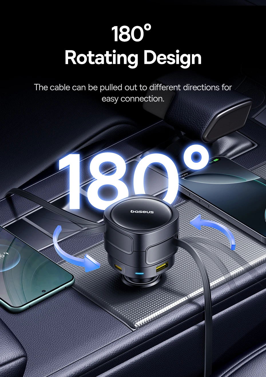 Baseus 90W USB Type-C Car Charger Dual Retractable Cable PD QC SCP AFC PPS Fast Charging For Tablet iPhone Samsung Huawei Xiaomi