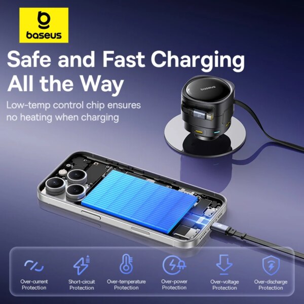 Baseus 90W USB-C Car Charger Dual Retractable Cable PD QC Fast Charging For iPhone Samsung Huawei Xiaomi - Image 6