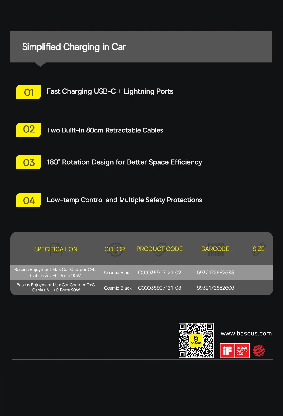Baseus 90W USB Type-C Car Charger Dual Retractable Cable PD QC SCP AFC PPS Fast Charging For Tablet iPhone Samsung Huawei Xiaomi