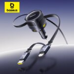 Baseus 90W USB-C Car Charger Dual Retractable Cable PD QC Fast Charging For iPhone Samsung Huawei Xiaomi