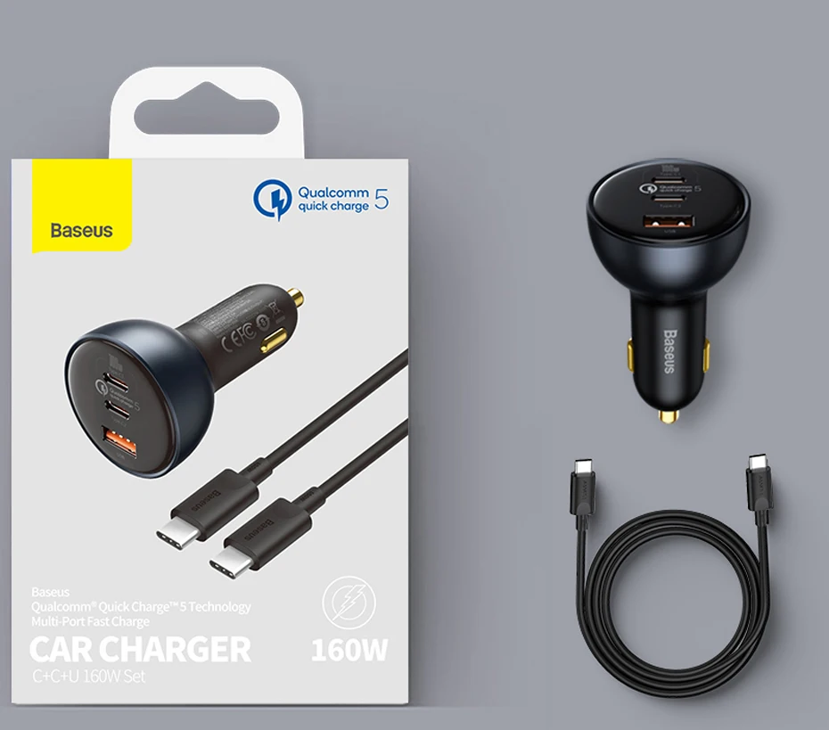Baseus 160W Car Charger QC 5.0 Fast Charging PPS PD3.0 USB Type C Car Phone Charge For iPhone 16 15 14 Laptops Tablets Samsung