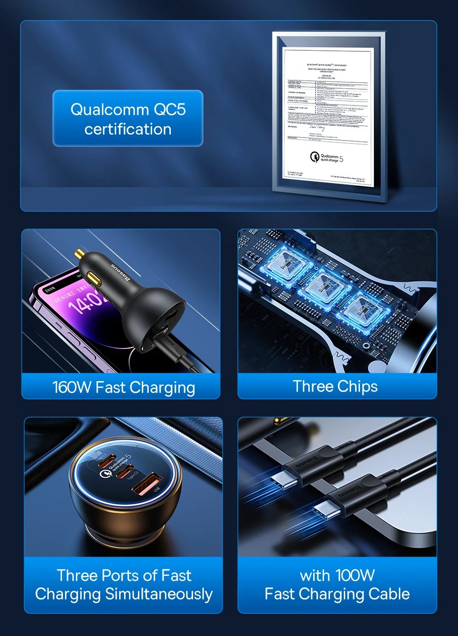 Baseus 160W Car Charger QC 5.0 Fast Charging PPS PD3.0 USB Type C Car Phone Charge For iPhone 16 15 14 Laptops Tablets Samsung