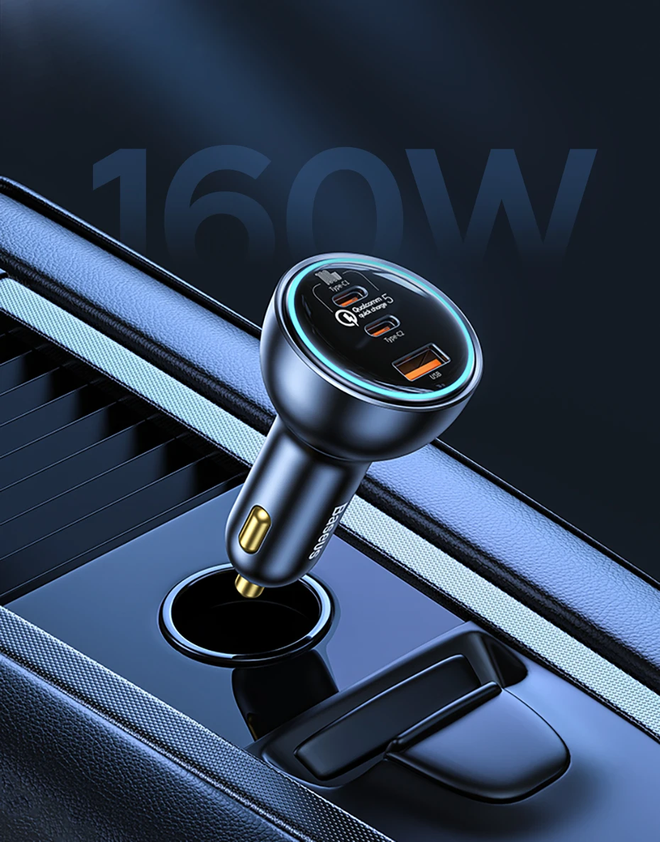 Baseus 160W Car Charger QC 5.0 Fast Charging PPS PD3.0 USB Type C Car Phone Charge For iPhone 16 15 14 Laptops Tablets Samsung