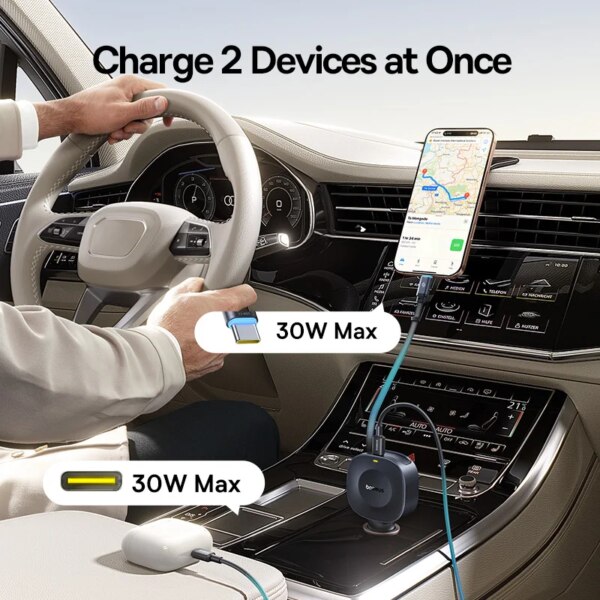 Baseus PrimeTrip VR2 30W Fast Car Charger with Retractable Dual Type-C Cable 360° Rotation - Image 5