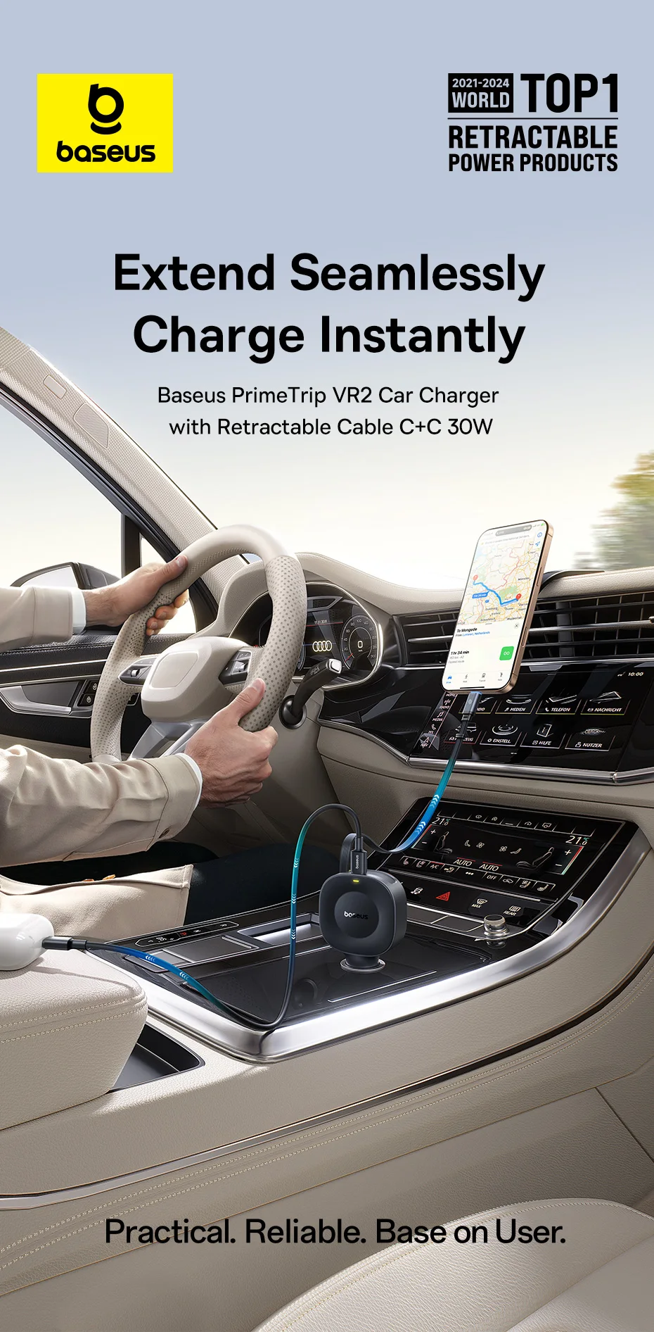 Baseus 30W Fast Car Charger Retractable Cable Dual Type-C USB-C Quick Charging 360° Rotation For iPhone Samsung Motorola Tablets