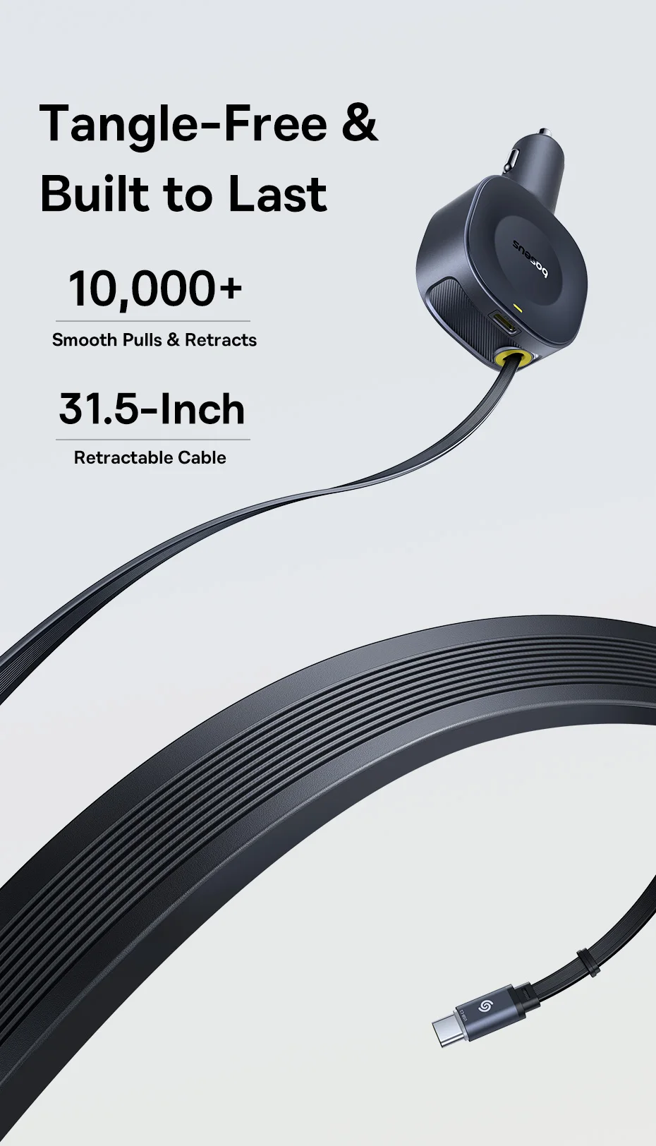 Baseus 30W Fast Car Charger Retractable Cable Dual Type-C USB-C Quick Charging 360° Rotation For iPhone Samsung Motorola Tablets