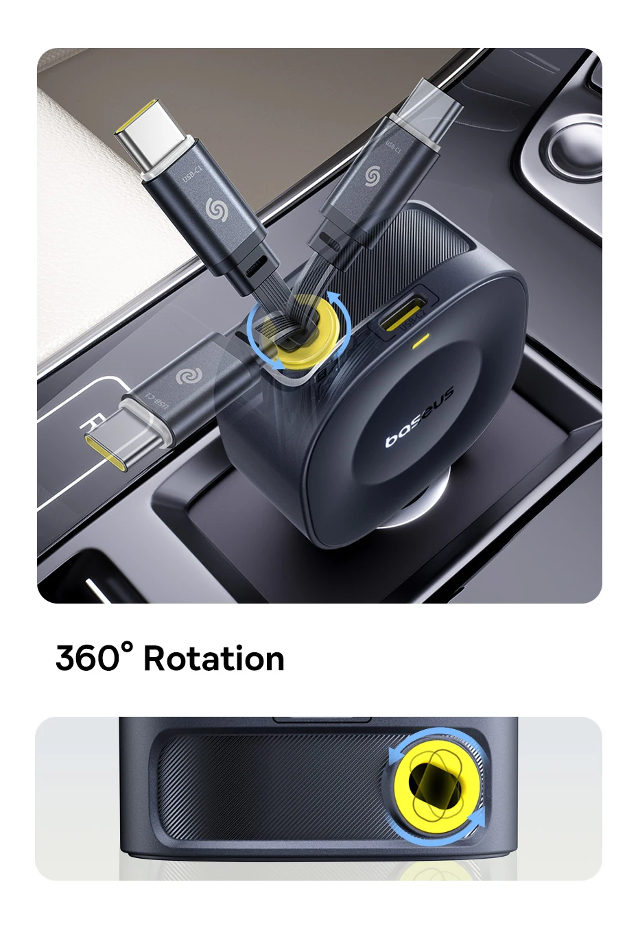 Baseus 30W Fast Car Charger Retractable Cable Dual Type-C USB-C Quick Charging 360° Rotation For iPhone Samsung Motorola Tablets