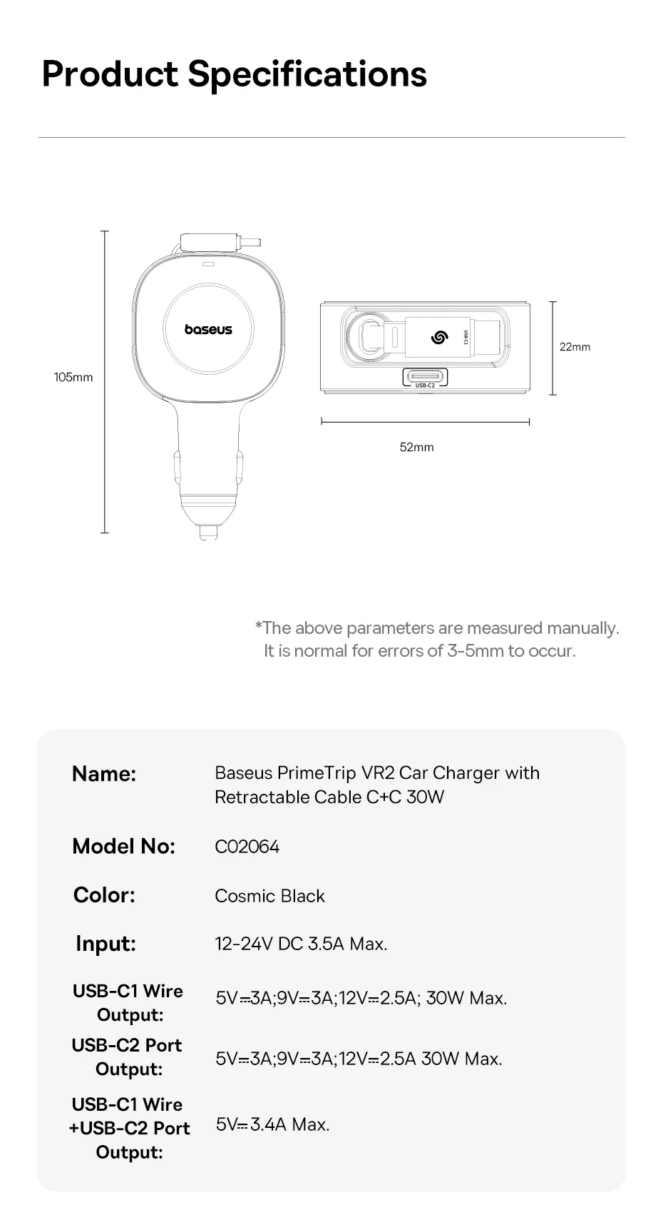 Baseus 30W Fast Car Charger Retractable Cable Dual Type-C USB-C Quick Charging 360° Rotation For iPhone Samsung Motorola Tablets