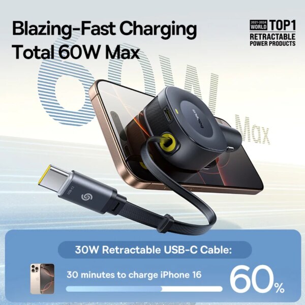 Baseus PrimeTrip VR2 30W Fast Car Charger with Retractable Dual Type-C Cable 360° Rotation - Image 2