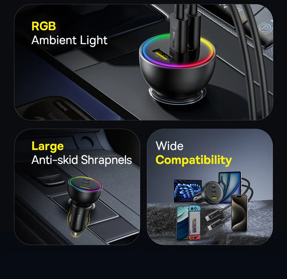 Baseus 152.5W Car Charger 100W Fast Charging PD3.0 QC4.0 USB Type-C Phone Charger For iPhone16 15 Samsung Xiaomi Laptops Tabet