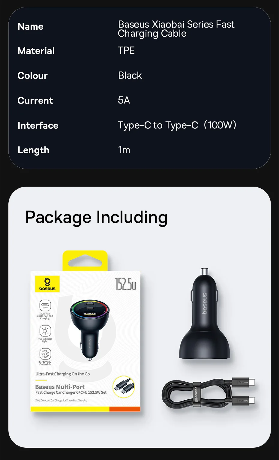 Baseus 152.5W Car Charger 100W Fast Charging PD3.0 QC4.0 USB Type-C Phone Charger For iPhone16 15 Samsung Xiaomi Laptops Tabet