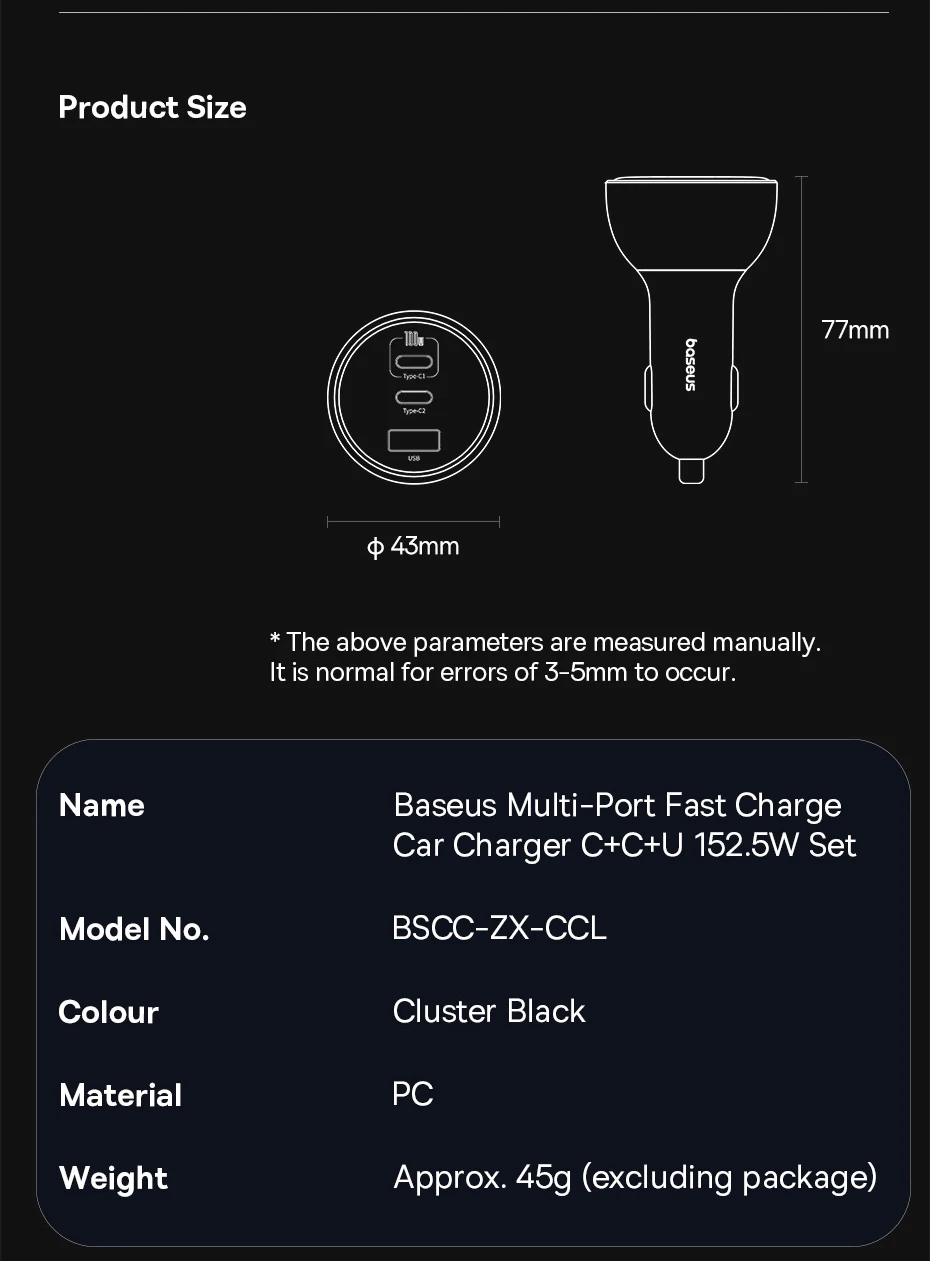 Baseus 152.5W Car Charger 100W Fast Charging PD3.0 QC4.0 USB Type-C Phone Charger For iPhone16 15 Samsung Xiaomi Laptops Tabet