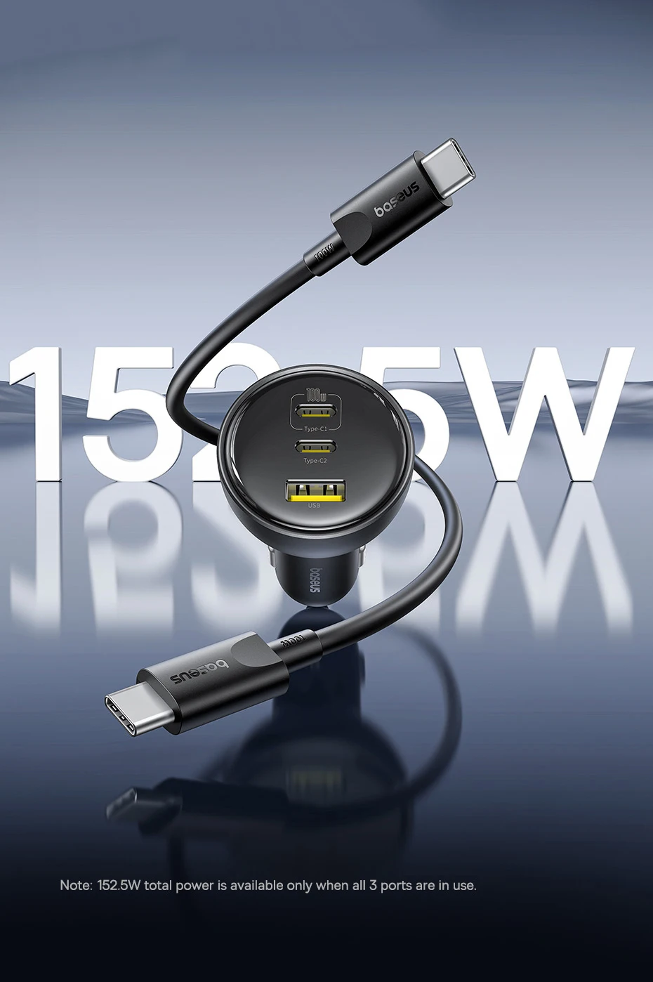 Baseus 152.5W Car Charger 100W Fast Charging PD3.0 QC4.0 USB Type-C Phone Charger For iPhone16 15 Samsung Xiaomi Laptops Tabet