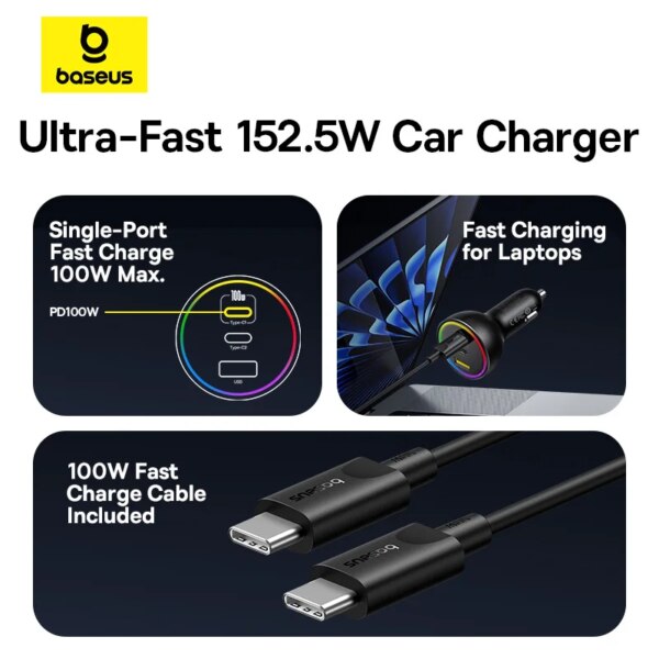 Baseus 152.5W Car Charger 100W PD3.0 QC4.0 Fast Charger Type-C for iPhone 16 15 Samsung Xiaomi Laptops - Image 2
