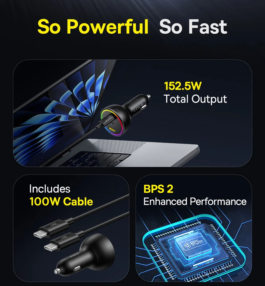 Baseus 152.5W Car Charger 100W Fast Charging PD3.0 QC4.0 USB Type-C Phone Charger For iPhone16 15 Samsung Xiaomi Laptops Tabet