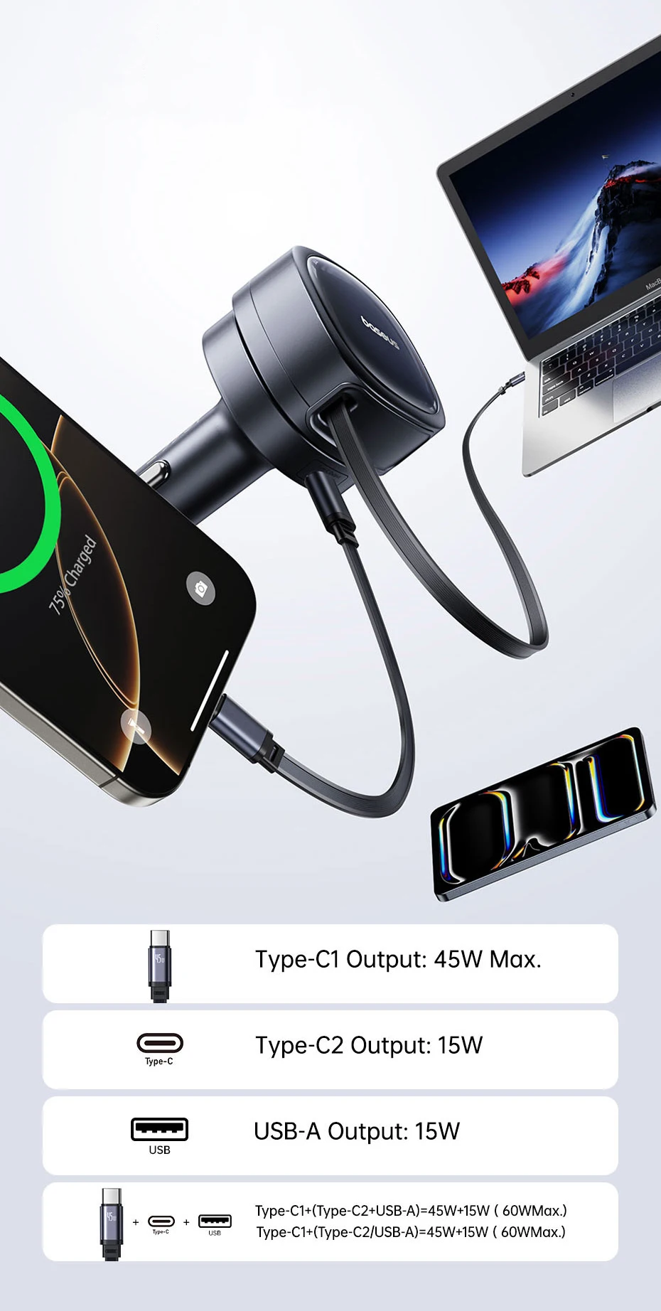 Baseus 60W Car Charger 45W Retractable Cable 3 Ports Fast Charging 180° Rotating Car Phone Charger For Laptop iPhone Samsung