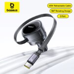 Baseus 60W Car Charger 45W Retractable Cable 180° Rotating 3 Port Fast Charger for Laptop iPhone Samsung