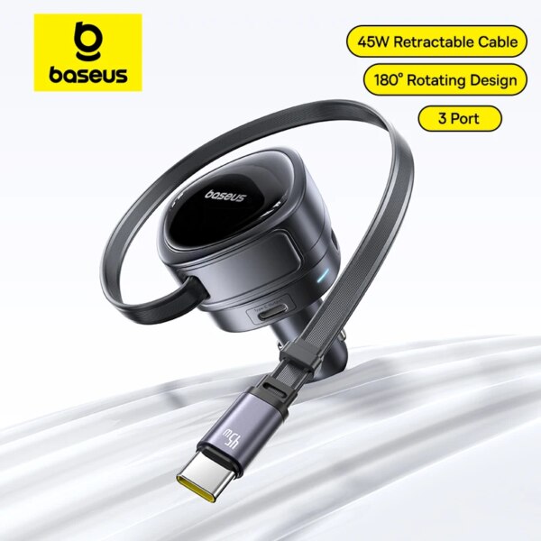 Baseus 60W Car Charger 45W Retractable Cable 180° Rotating 3 Port Fast Charger for Laptop iPhone Samsung