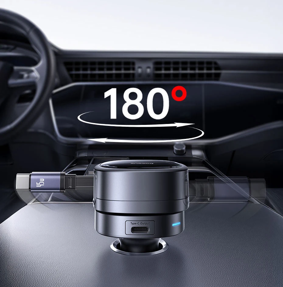 Baseus 60W Car Charger 45W Retractable Cable 3 Ports Fast Charging 180° Rotating Car Phone Charger For Laptop iPhone Samsung