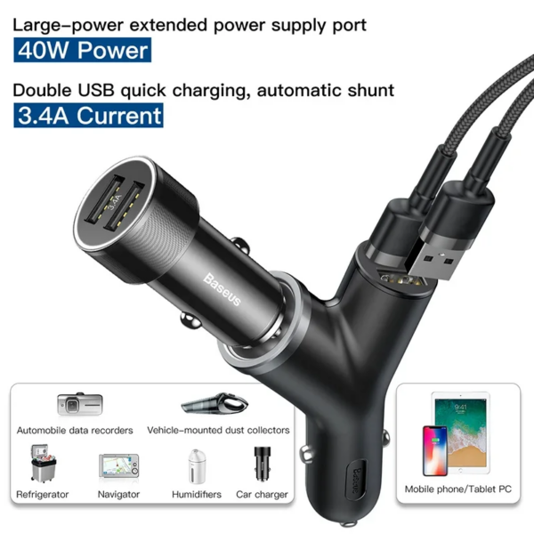 Baseus 3-in-1 Extended Vehicle-Mounted Charger 40W Dual USB Car Charger with Cigarette Lighter - Image 3