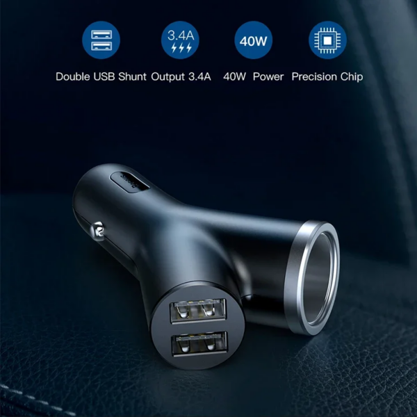Baseus 3-in-1 Extended Vehicle-Mounted Charger 40W Dual USB Car Charger with Cigarette Lighter - Image 2