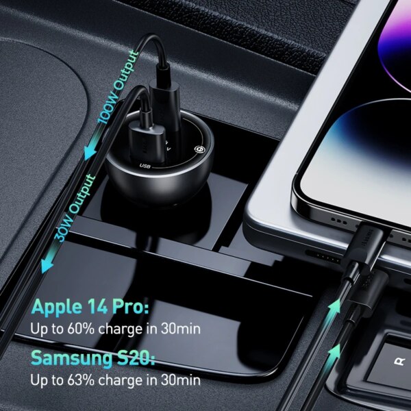 Baseus 140W Car Charger PD3.1 Digital Display Dual Port Fast Charging with 240W Cable - Image 4