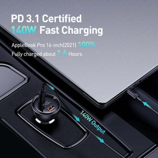 Baseus 140W Car Charger PD3.1 Digital Display Dual Port Fast Charging with 240W Cable - Image 3