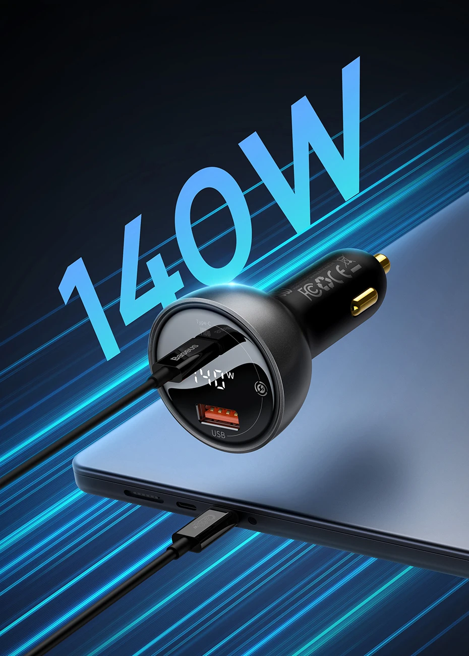 Baseus 140W Car Charger PD3.1 Fast Charging Quick Charge For Macbook Laptop USB Type C Car Phone Charger For iPhone Samsung