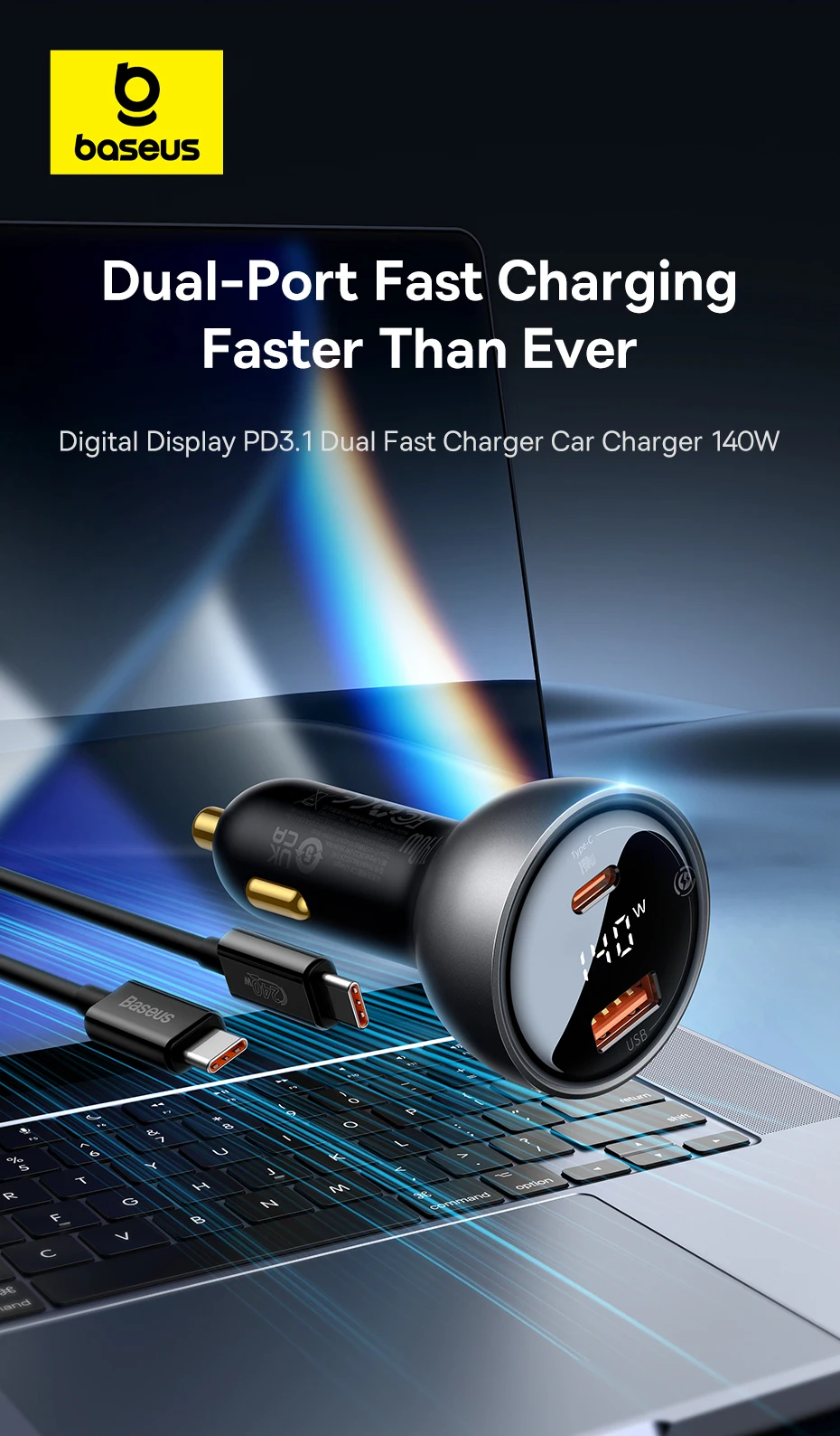 Baseus 140W Car Charger PD3.1 Fast Charging Quick Charge For Macbook Laptop USB Type C Car Phone Charger For iPhone Samsung