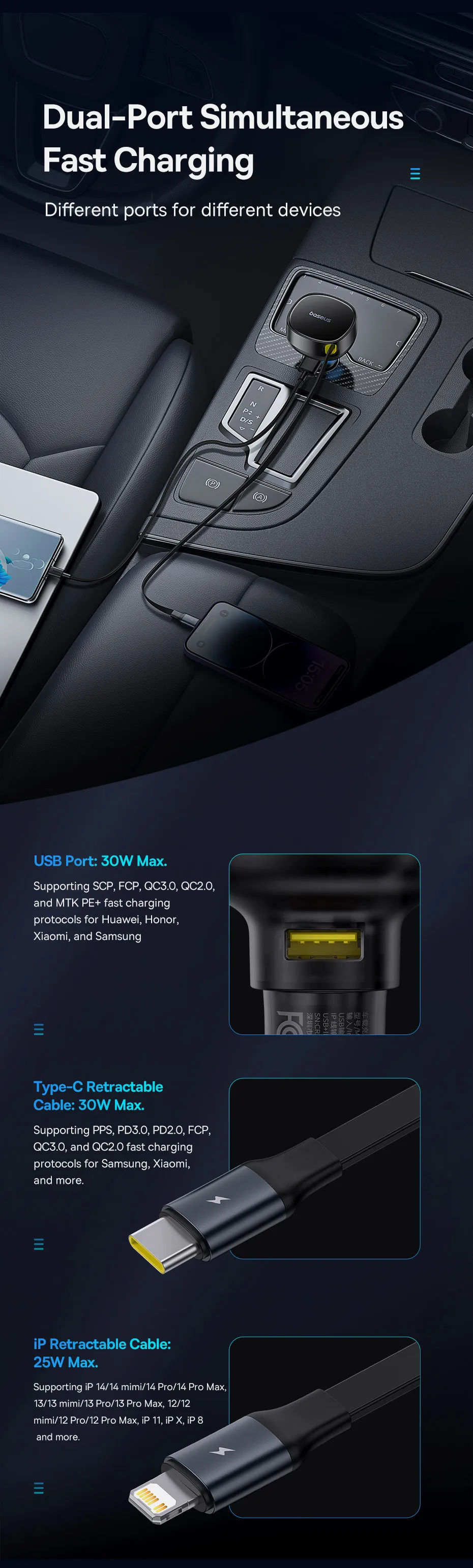 Baseus 60W Car Charger Dual Retractable Cable Type-C USB QC PD PPS Fast Charging Car Phone Charger For iPhone Samsung Xiaomi