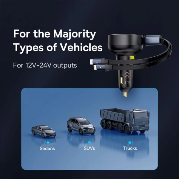 Baseus 60W Car Charger Dual Port Retractable Cable Type-C USB QC PD PPS Fast Charging - Image 6