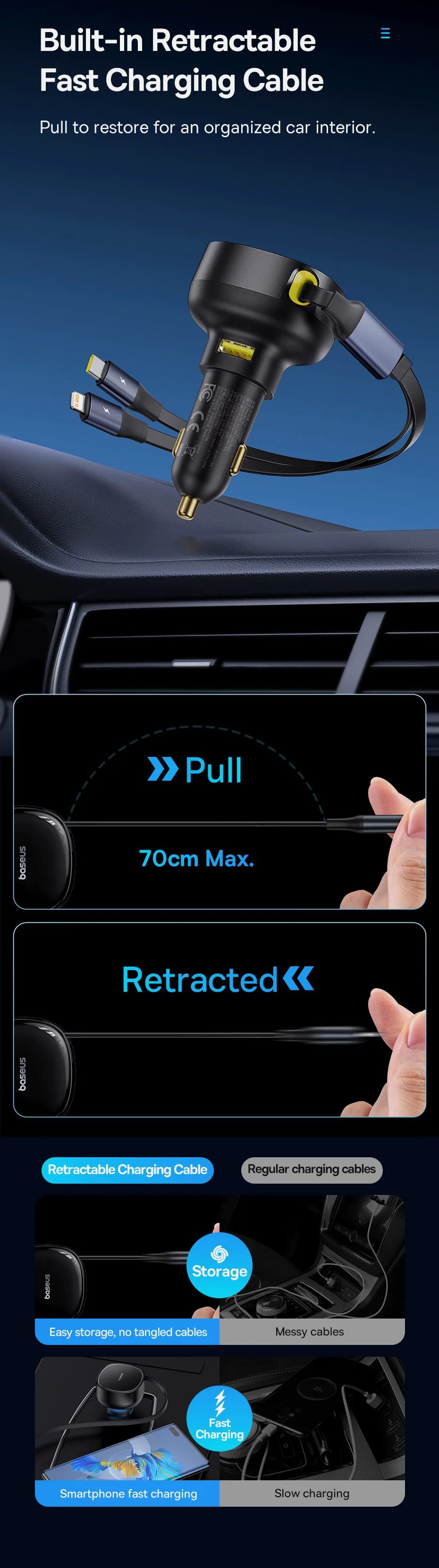 Baseus 60W Car Charger Dual Retractable Cable Type-C USB QC PD PPS Fast Charging Car Phone Charger For iPhone Samsung Xiaomi