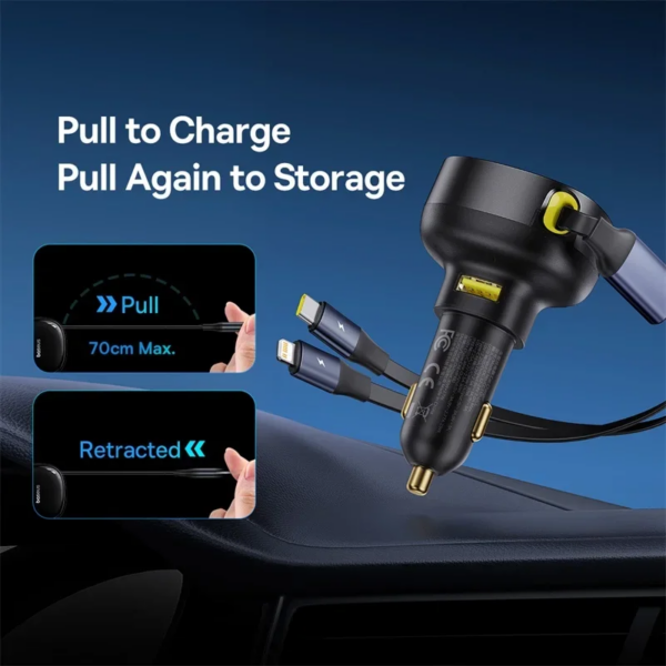Baseus 60W Car Charger Dual Port Retractable Cable Type-C USB QC PD PPS Fast Charging - Image 2