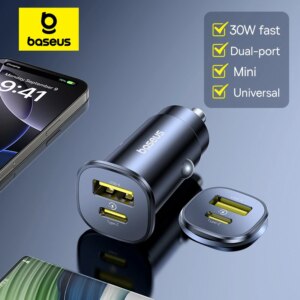 Baseus 30W Car Charger Dual Port USB-C Fast Charging PD QC for iPhone Samsung Xiaomi Huawei
