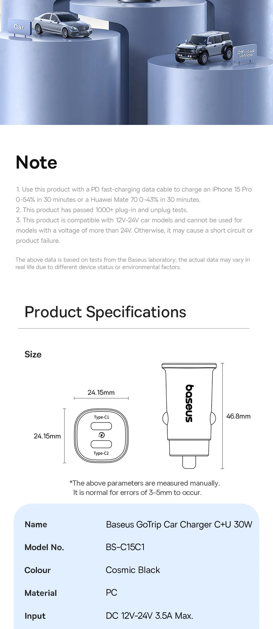 Baseus 30W Car Charger Dual Port USB Type-C Fast Charging PD QC FCP AFC For Tablet iPhone 16 15 Samsung S24 S25 Xiaomi Huawei