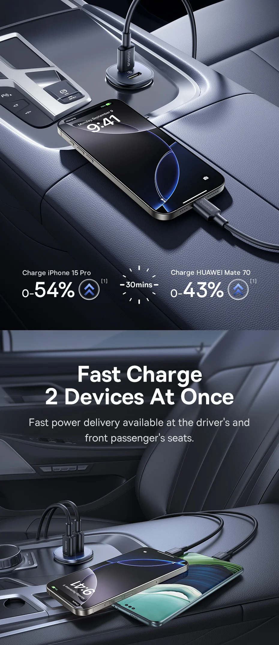 Baseus 30W Car Charger Dual Port USB Type-C Fast Charging PD QC FCP AFC For Tablet iPhone 16 15 Samsung S24 S25 Xiaomi Huawei