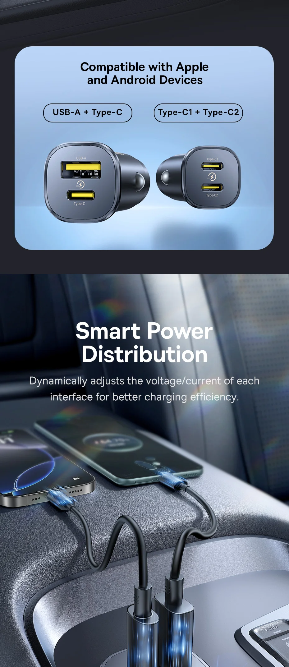 Baseus 30W Car Charger Dual Port USB Type-C Fast Charging PD QC FCP AFC For Tablet iPhone 16 15 Samsung S24 S25 Xiaomi Huawei