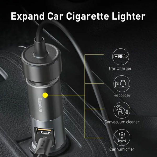 Baseus 120W Fast Car Charger QC 3.0 PD 3.0 Dual USB Port with Cigarette Lighter Expansion - Image 3