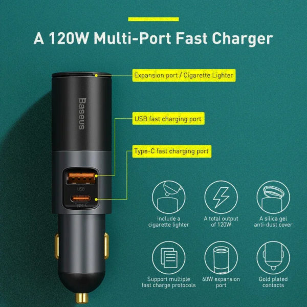 Baseus 120W Fast Car Charger QC 3.0 PD 3.0 Dual USB Port with Cigarette Lighter Expansion - Image 2