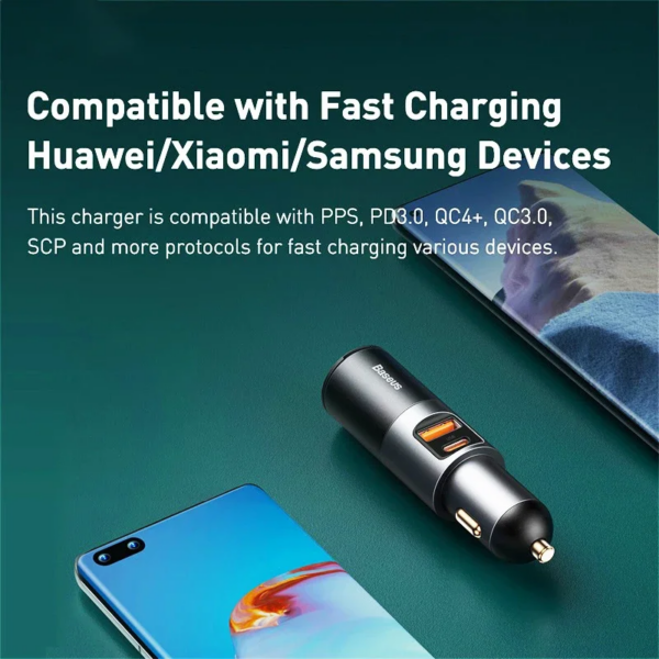 Baseus 120W Fast Car Charger QC 3.0 PD 3.0 Dual USB Port with Cigarette Lighter Expansion - Image 6